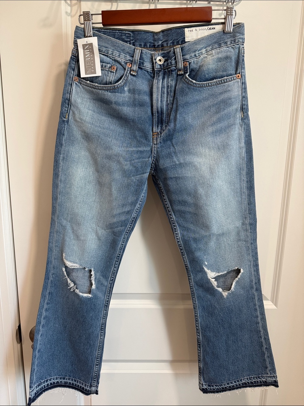 rag & bone Boot Cut Jeans in Light Blue with Distressed Knees
